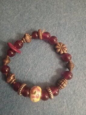 Vintage red and browns floral center bead stretch band, comfort bracelet
